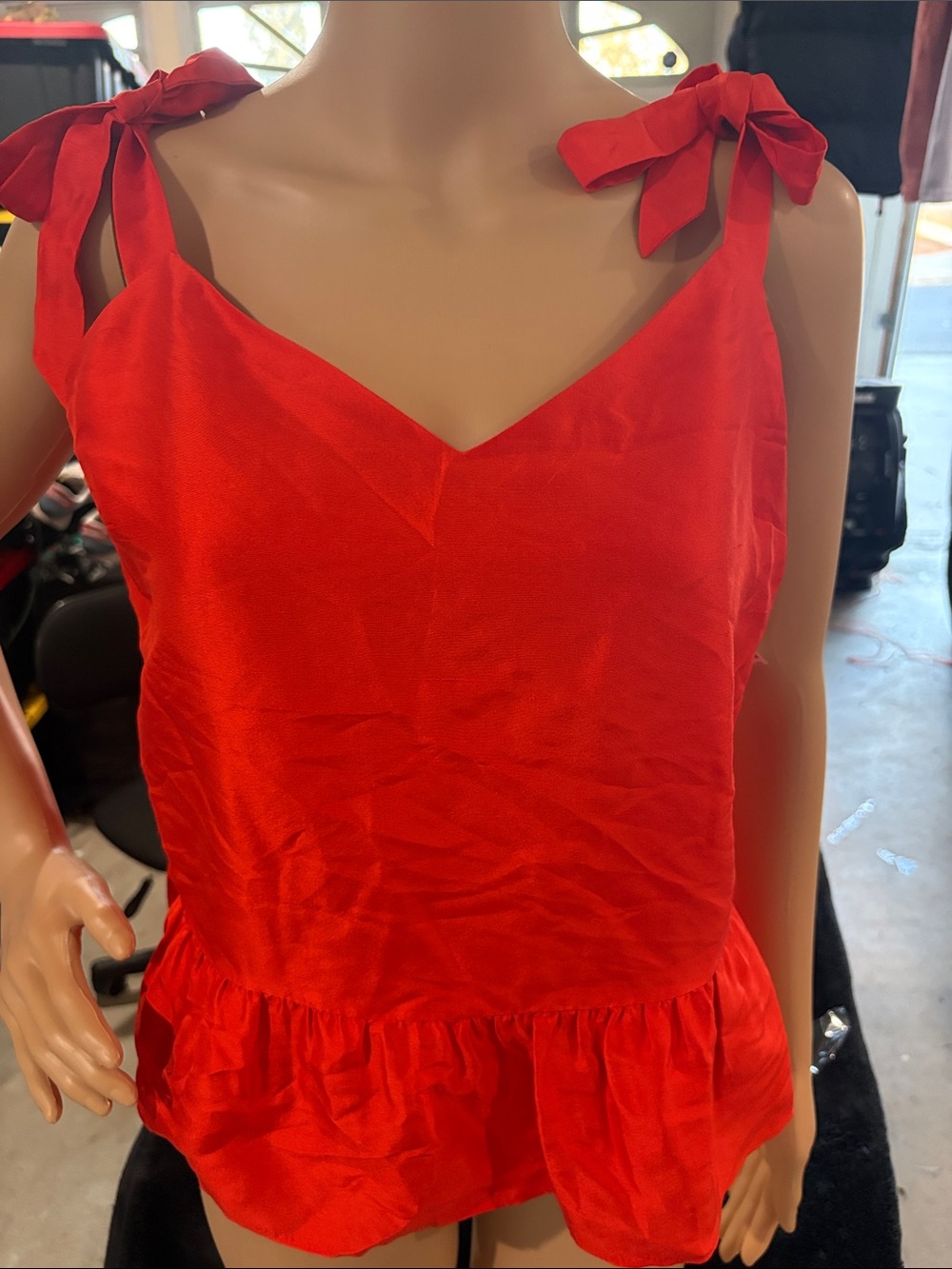 Red Tie-Shoulder Ruffle Hem Tank Top j crew